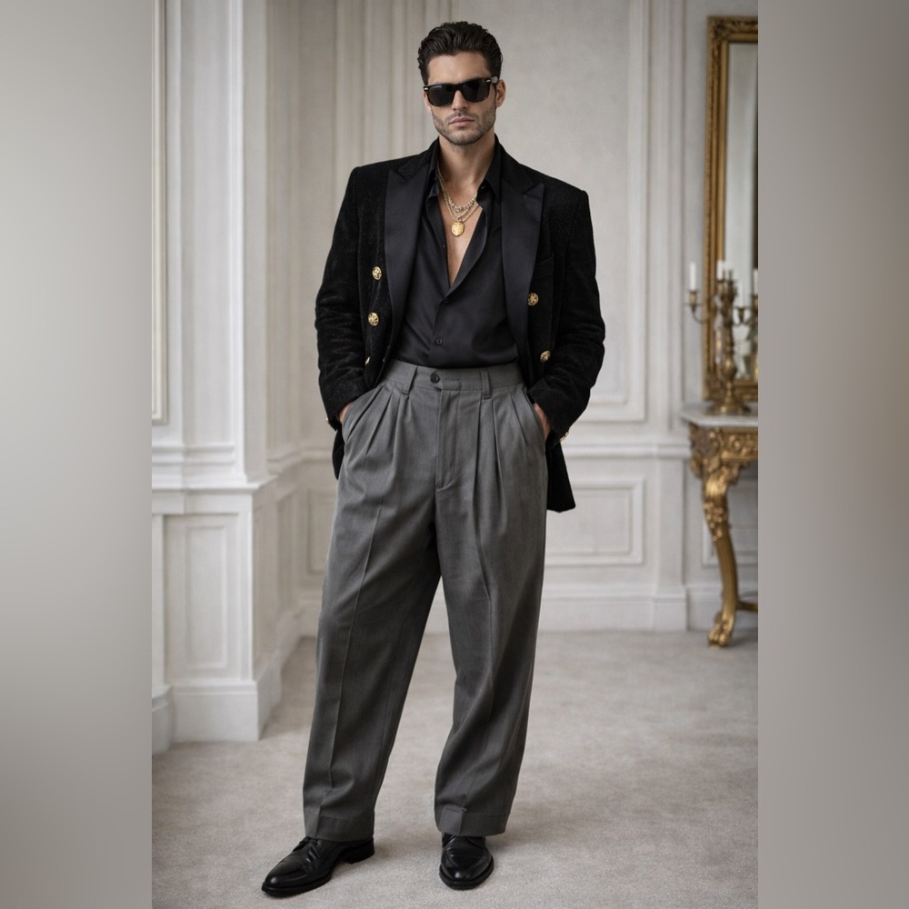 Gianni Versace Vintage Gray Pleated Wool Dress Pants